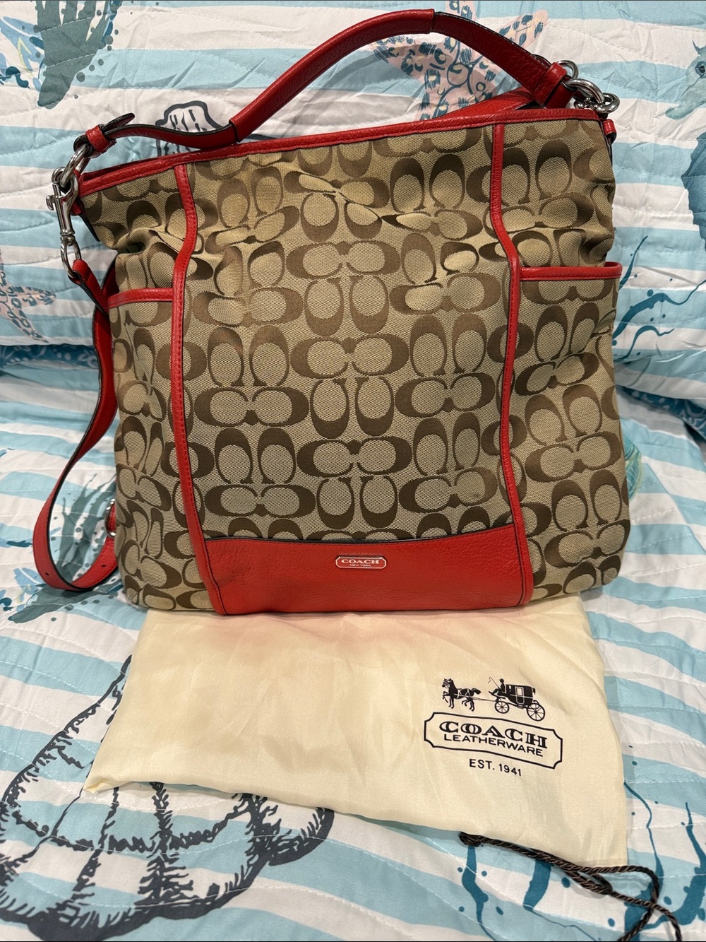 Coach Signature Canvas Shoulder Bag with Red Trim